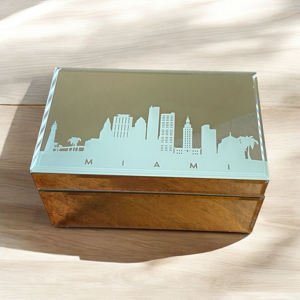 Mirrored MIAMI Jewelry Box With Etched City Building Sky Line